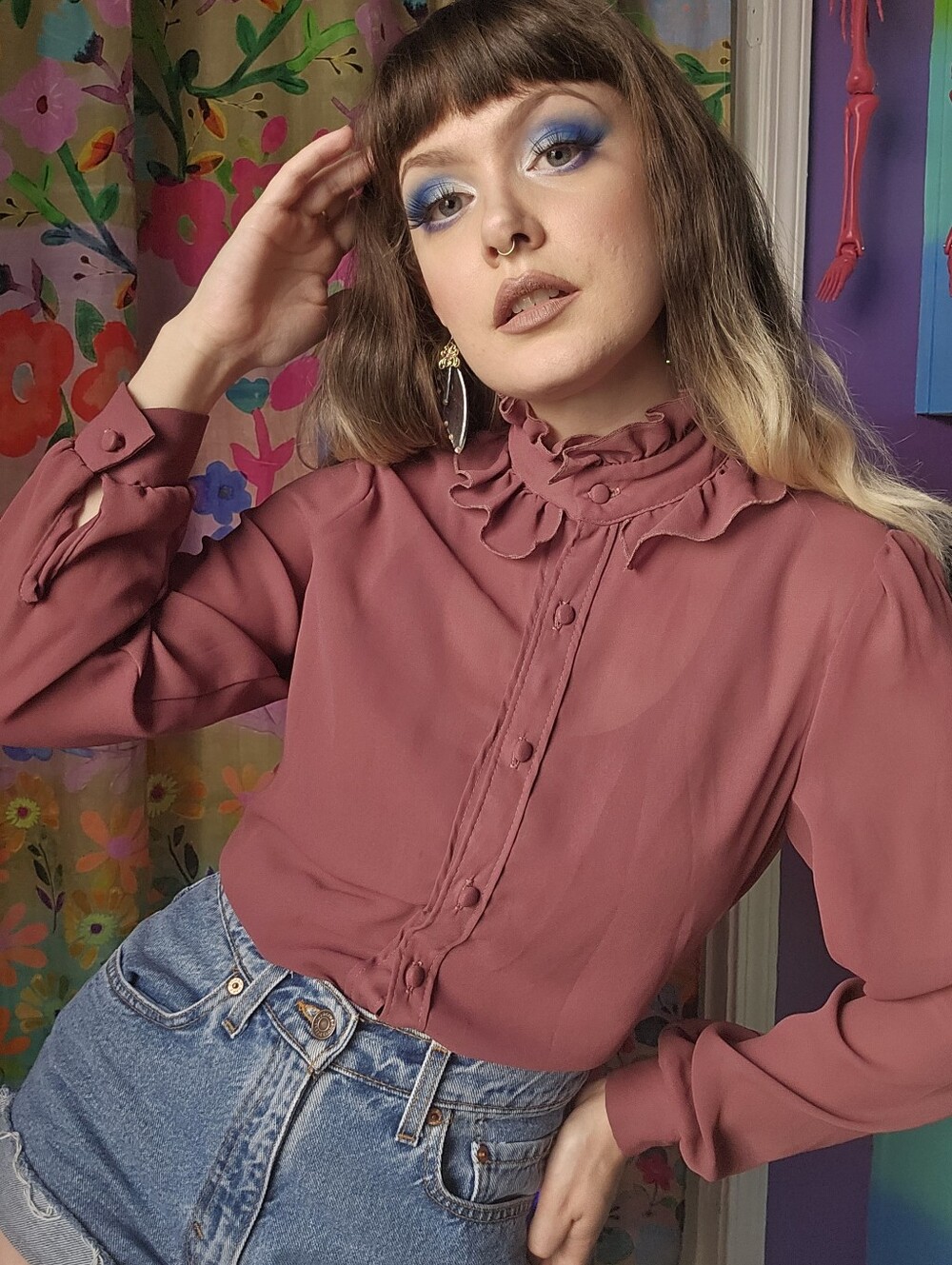 70's Vintage Ruffle Neck Button Up Shirt Victorian Renaissance Fantasy Mauve